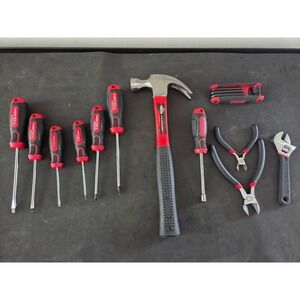 Hyper Tough 13 Piece Hand Tool Set Hammer Screwdrivers Pliers Hex Keys Red Black